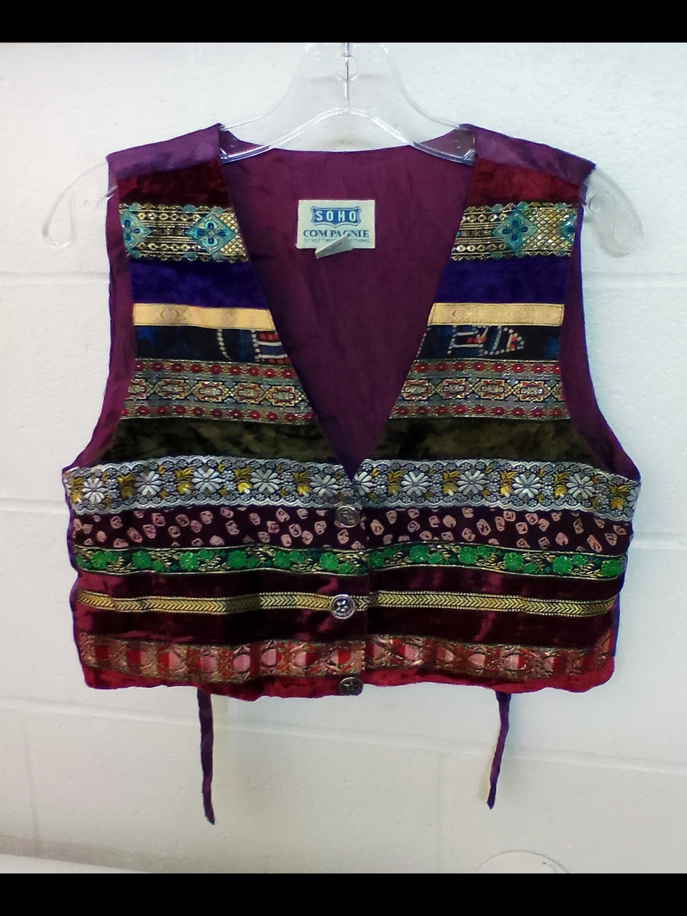 Soho Campagnie Vintage Velvet Multicolor Embroidered Purple Boho Vest